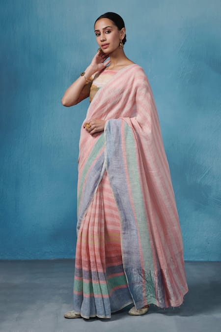Dressfolk Mandarin Mist Striped Saree With Unstitched Blouse Piece 