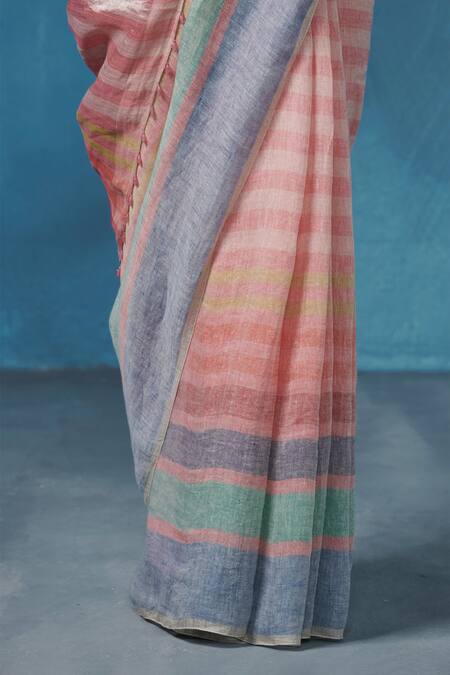 Buy_Dressfolk_Pink Linen Striped Handloom Saree With Running Blouse _Online_at_Aza_Fashions