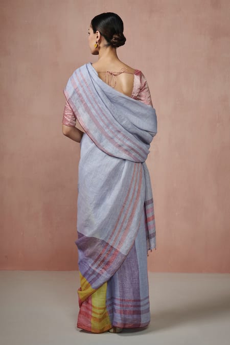 Dressfolk Multi Color Striped Linen Saree with Running Blouse