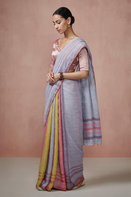Dressfolk Multi Color Linen Striped Saree With Running Blouse Online at Aza Fashions Dressfolk_Multi Color Linen Striped Saree With Running Blouse _Online_at_Aza_Fashions