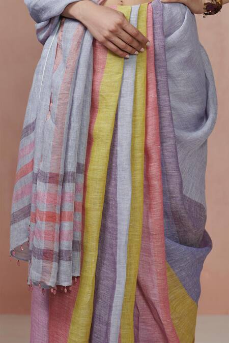 Buy Dressfolk Multi Color Linen Striped Saree With Running Blouse Online at Aza Fashions Buy_Dressfolk_Multi Color Linen Striped Saree With Running Blouse _Online_at_Aza_Fashions