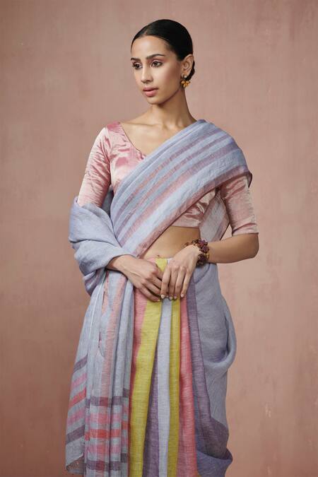 Shop Dressfolk Multi Color Linen Striped Saree With Running Blouse Online at Aza Fashions Shop_Dressfolk_Multi Color Linen Striped Saree With Running Blouse _Online_at_Aza_Fashions