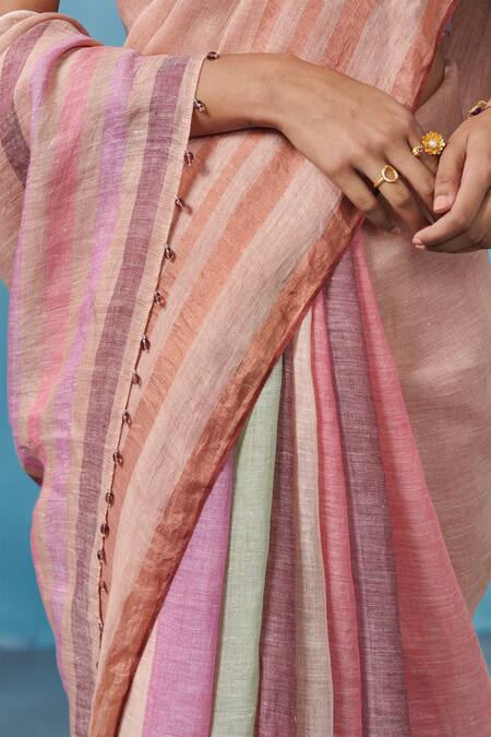 Dressfolk_Multi Color Linen Striped Mania Saree With Running Blouse_Online_at_Aza_Fashions
