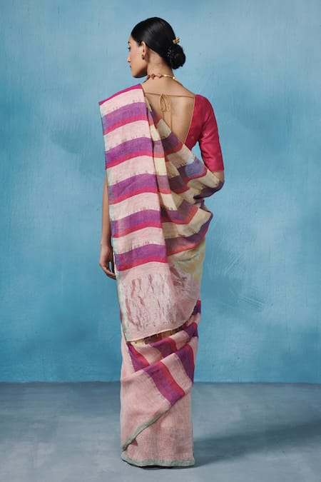 Shop Dressfolk Multi Color Linen Striped Gaze Saree With Running Blouse at Aza Fashions Shop_Dressfolk_Multi Color Linen Striped Gaze Saree With Running Blouse_at_Aza_Fashions