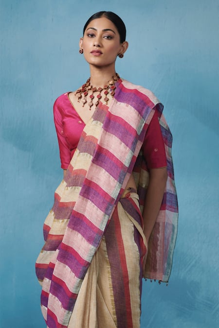 Dressfolk Multi Color Linen Striped Gaze Saree With Running Blouse Online at Aza Fashions Dressfolk_Multi Color Linen Striped Gaze Saree With Running Blouse_Online_at_Aza_Fashions