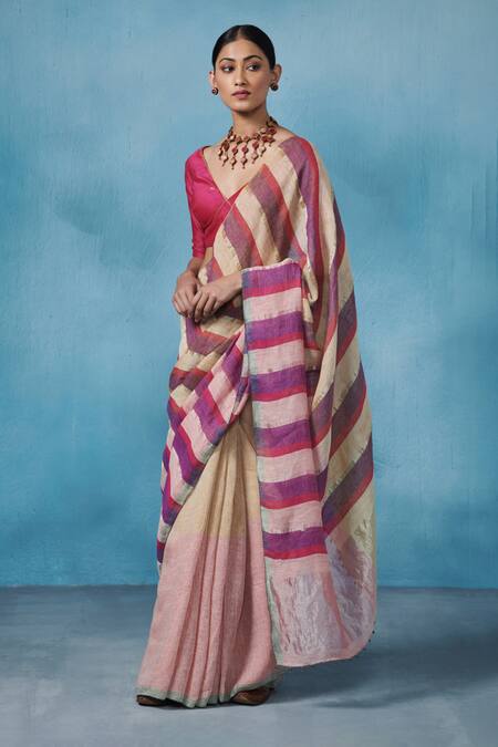Buy Dressfolk Multi Color Linen Striped Gaze Saree With Running Blouse Online at Aza Fashions Buy_Dressfolk_Multi Color Linen Striped Gaze Saree With Running Blouse_Online_at_Aza_Fashions