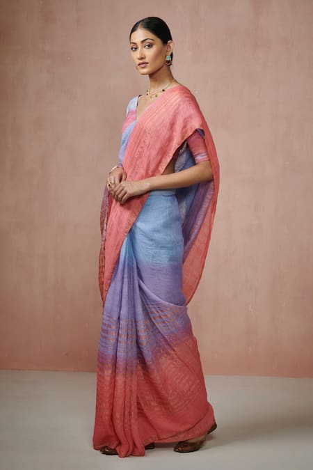 Dressfolk_Multi Color Linen Blue Ombre Striped Saree With Running Blouse_Online_at_Aza_Fashions