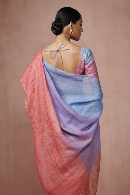 Buy_Dressfolk_Multi Color Linen Blue Ombre Striped Saree With Running Blouse_Online_at_Aza_Fashions