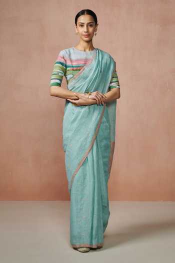 Dressfolk_Aqua Linen Polka Buti Woven Saree With Running Blouse_Online_at_Aza_Fashions