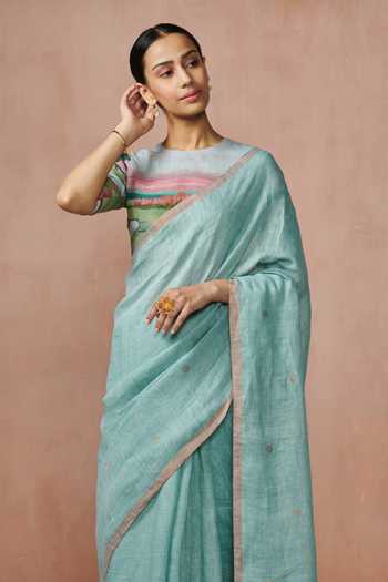 Buy_Dressfolk_Aqua Linen Polka Buti Woven Saree With Running Blouse_Online_at_Aza_Fashions