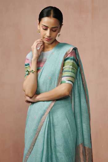 Shop_Dressfolk_Aqua Linen Polka Buti Woven Saree With Running Blouse_Online_at_Aza_Fashions