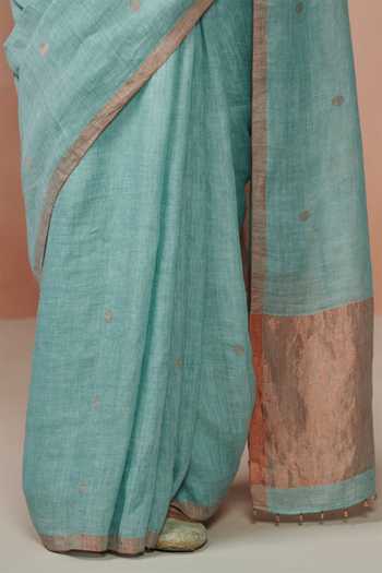 Dressfolk_Aqua Linen Polka Buti Woven Saree With Running Blouse_at_Aza_Fashions
