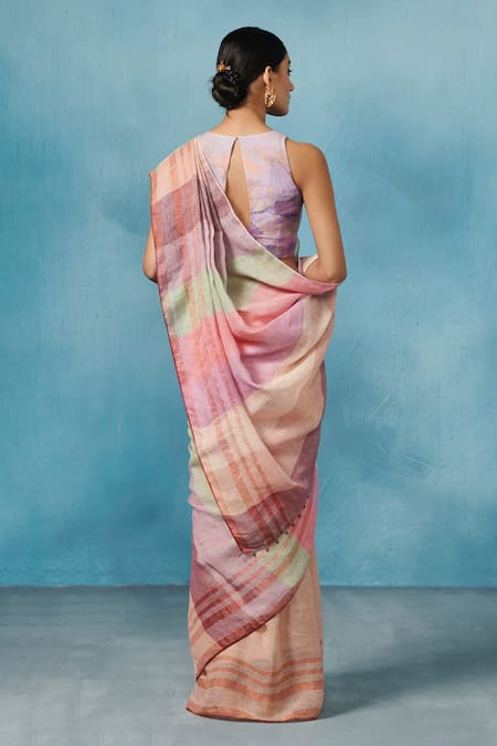 Dressfolk Multi Color Broad Striped Linen Saree with Running Blouse