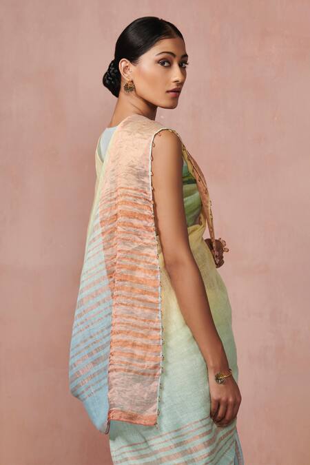 Dressfolk_Yellow Linen Ombre Striped Saree With Running Blouse_Online_at_Aza_Fashions