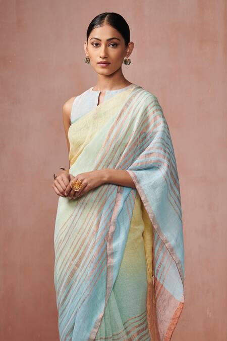 Buy_Dressfolk_Yellow Linen Ombre Striped Saree With Running Blouse_Online_at_Aza_Fashions