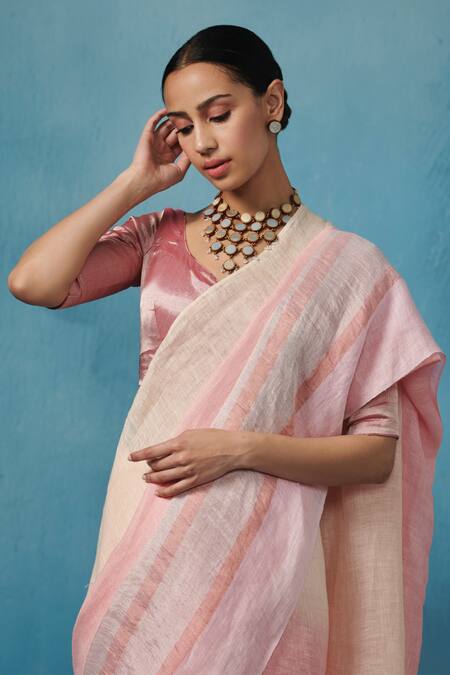 Buy_Dressfolk_Cream Linen Vanilla Island Streak Striped Saree With Running Blouse _Online_at_Aza_Fashions