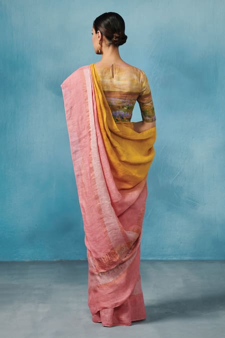 Dressfolk Pink Ombre Striped Linen Saree with Running Blouse 