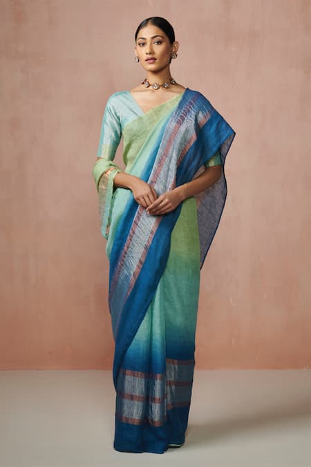 Dressfolk Summer Sea Striped Ombre Saree With Unstitched Blouse Piece 