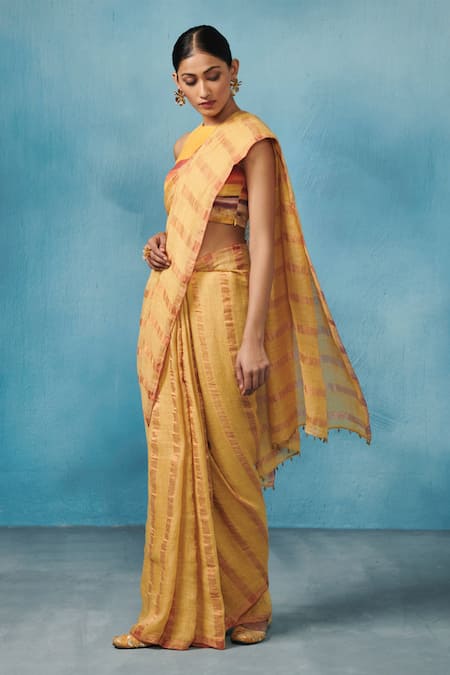Dressfolk Yellow Linen Striped Handloom Saree With Running Blouse Online at Aza Fashions Dressfolk_Yellow Linen Striped Handloom Saree With Running Blouse _Online_at_Aza_Fashions