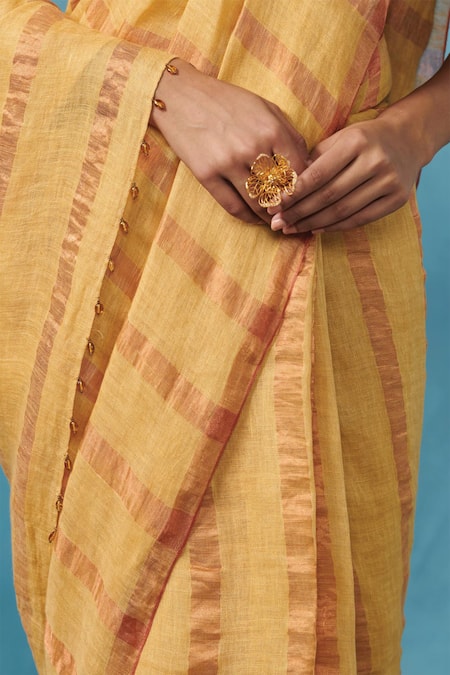 Buy Dressfolk Yellow Linen Striped Handloom Saree With Running Blouse Online at Aza Fashions Buy_Dressfolk_Yellow Linen Striped Handloom Saree With Running Blouse _Online_at_Aza_Fashions