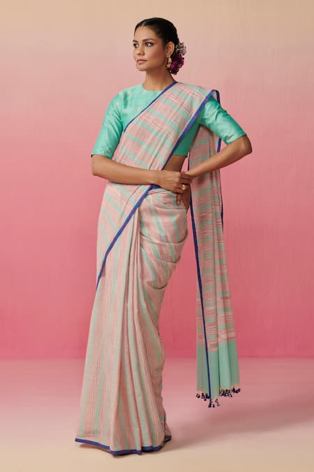 Dressfolk Rainfall Reverie Band Striped Saree With Unstitched Blouse Piece 