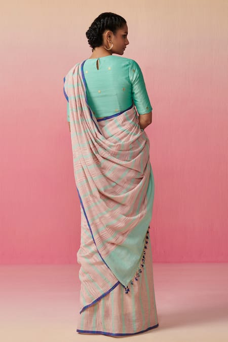 Shop Dressfolk Pink Cotton Handloom Striped Saree With Running Blouse at Aza Fashions Shop_Dressfolk_Pink Cotton Handloom Striped Saree With Running Blouse _at_Aza_Fashions