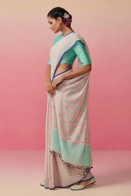 Dressfolk Pink Cotton Handloom Striped Saree With Running Blouse Online at Aza Fashions Dressfolk_Pink Cotton Handloom Striped Saree With Running Blouse _Online_at_Aza_Fashions