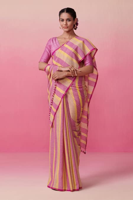 Dressfolk Strawberry Summer Blaze Striped Saree With Unstitched Blouse Piece 