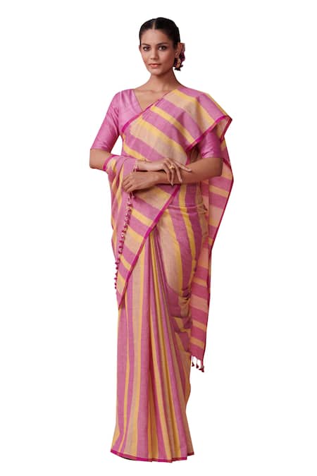 Dressfolk_Multi Color Cotton Striped Saree With Running Blouse_Online_at_Aza_Fashions