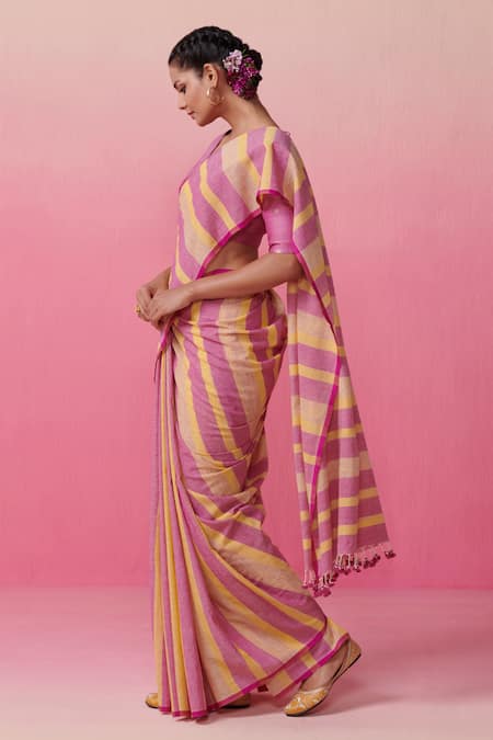 Shop_Dressfolk_Multi Color Cotton Striped Saree With Running Blouse_Online_at_Aza_Fashions