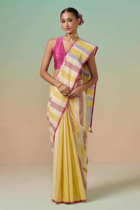 Dressfolk Mango Relish Striped Saree With Unstitched Blouse Piece 