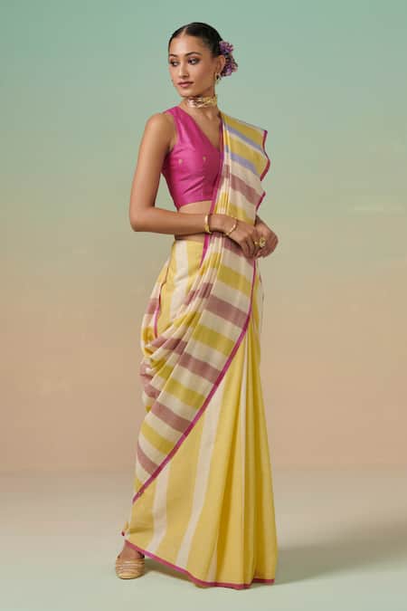 Dressfolk_Yellow Cotton Candy Striped Saree Set With Running Blouse _Online_at_Aza_Fashions