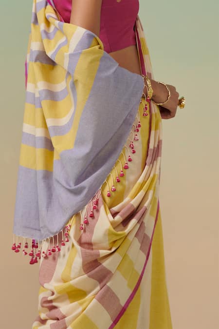 Buy_Dressfolk_Yellow Cotton Candy Striped Saree Set With Running Blouse _Online_at_Aza_Fashions