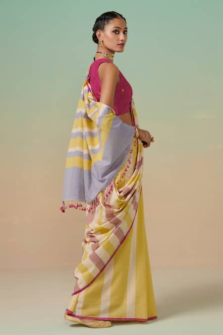 Shop_Dressfolk_Yellow Cotton Candy Striped Saree Set With Running Blouse _Online_at_Aza_Fashions