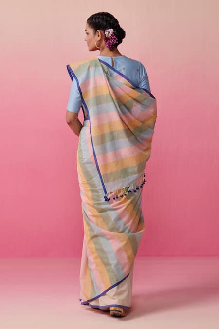 Dressfolk Multi Color Striped Saree with Running Blouse 