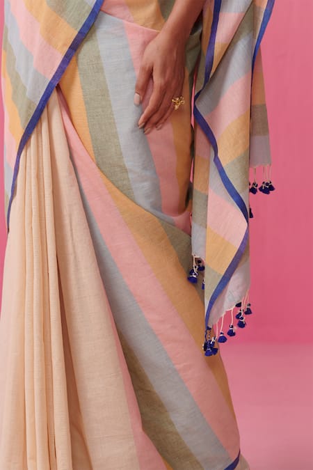 Buy Dressfolk Multi Color Cotton Striped Saree With Running Blouse Online at Aza Fashions Buy_Dressfolk_Multi Color Cotton Striped Saree With Running Blouse _Online_at_Aza_Fashions