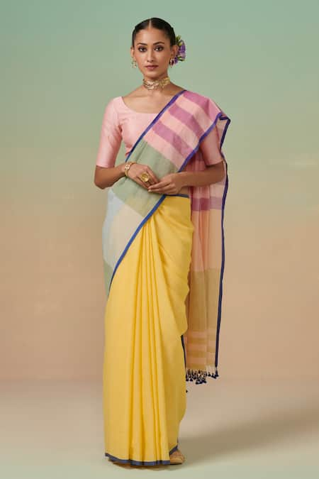 Dressfolk Aam Bagaan Striped Pallu Saree With Unstitched Blouse Piece 