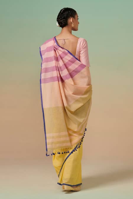 Shop Dressfolk Multi Color Cotton Striped Pallu Saree With Running Blouse at Aza Fashions Shop_Dressfolk_Multi Color Cotton Striped Pallu Saree With Running Blouse_at_Aza_Fashions