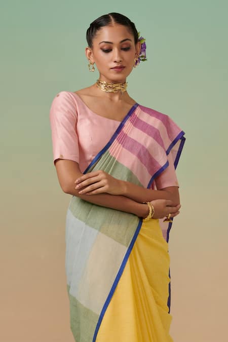 Dressfolk Multi Color Cotton Striped Pallu Saree With Running Blouse Online at Aza Fashions Dressfolk_Multi Color Cotton Striped Pallu Saree With Running Blouse_Online_at_Aza_Fashions