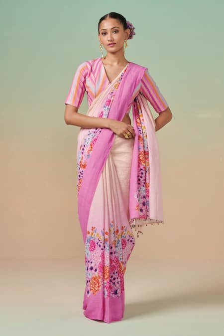 Dressfolk Wildflower Bloom Print Saree With Unstitched Blouse Piece 