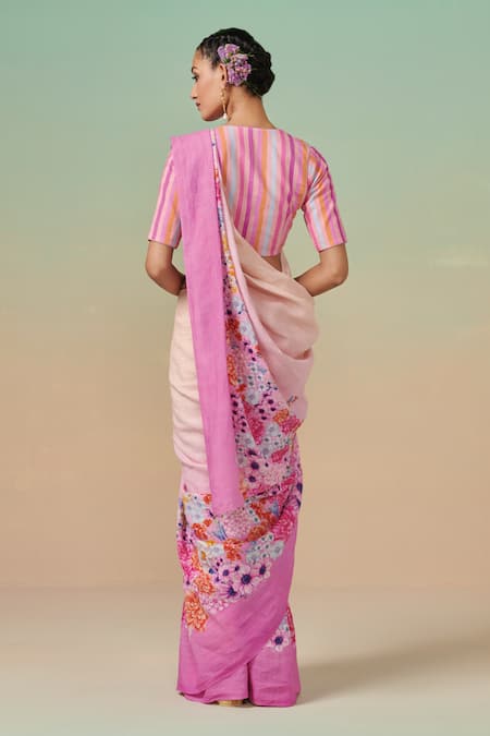 Dressfolk Wildflower Bloom Print Linen Saree with Running Blouse