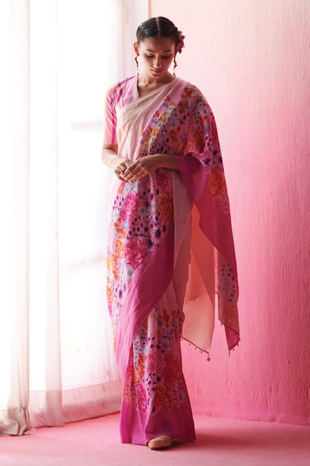 Shop Dressfolk Multi Color Linen Wildflower Bloom Print Saree With Running Blouse Online at Aza Fashions Shop_Dressfolk_Multi Color Linen Wildflower Bloom Print Saree With Running Blouse _Online_at_Aza_Fashions