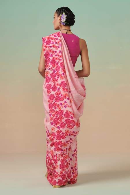 Dressfolk Sakura Sway Print Linen Saree with Running Blouse 