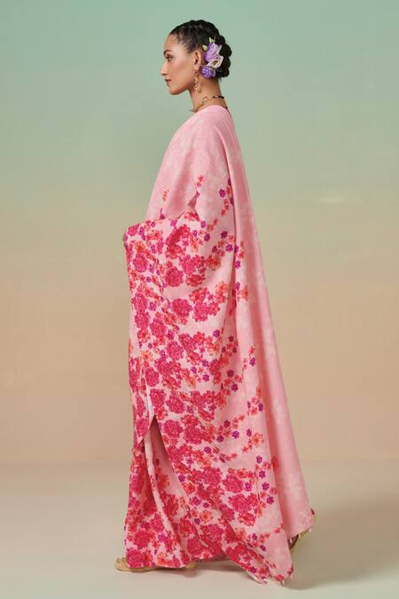 Dressfolk_Pink Linen Sakura Sway Print Saree With Running Blouse _Online_at_Aza_Fashions
