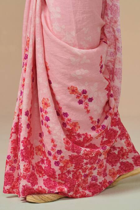 Buy_Dressfolk_Pink Linen Sakura Sway Print Saree With Running Blouse _Online_at_Aza_Fashions
