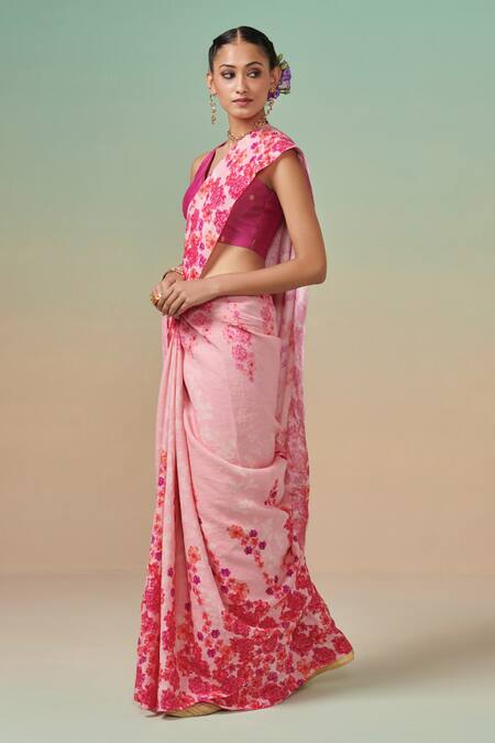 Shop_Dressfolk_Pink Linen Sakura Sway Print Saree With Running Blouse _Online_at_Aza_Fashions