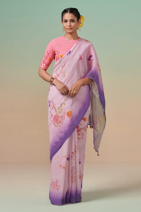 Dressfolk Bahaar Print Linen Saree Set with Running Blouse 