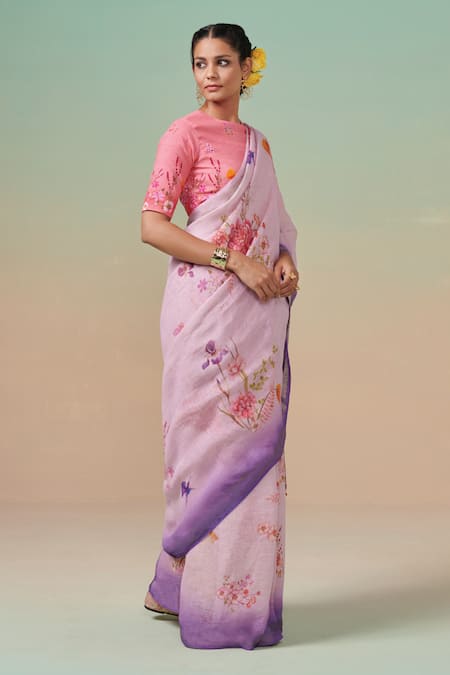 Dressfolk Bahaar Print Linen Saree Set with Running Blouse 