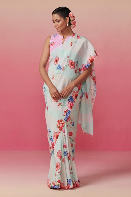 Dressfolk Pushp Print Linen Saree with Running Blouse 