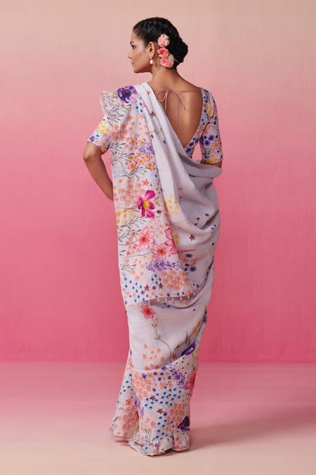 Dressfolk Guldasta Print Linen Saree with Running Blouse 